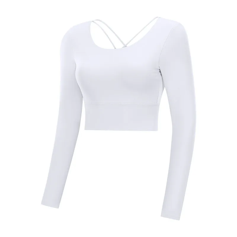 Цветные женские футболки для занятий йогой и фитнесом с перекрещивающимися лямками на спине, с подкладкой, анти-пот, для тренажерного зала, тренировки, с длинным рукавом, укороченные топы с отверстиями для большого пальца - Цвет: White