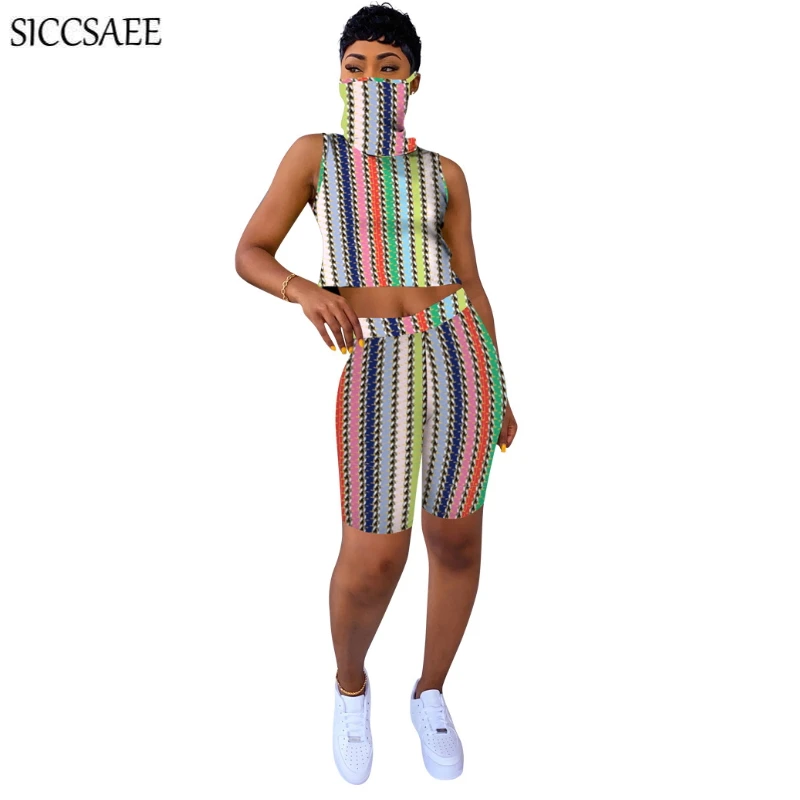 

2020 Summer Style Tie Dye Printed Two Piece Set Sleeveless Crop Top And Short Sets For Women Sexy Casual Sweat Suit Activewear