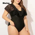 Черный слитный купальный костюм для женщин большого размера, кружевной Монокини на бретельках, купальный костюм с оборками и V-образным вырезом, лето 2020, боди, винтажный размер Xxl, 4xl