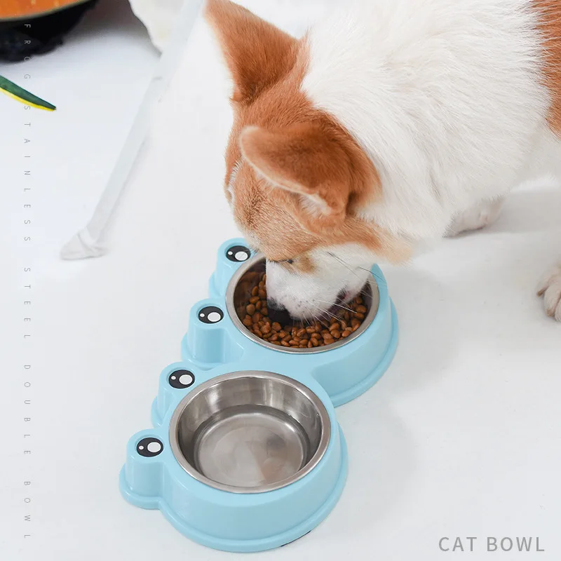 

Double Pet Dog Bowls Durable Stainless Steel Non-Skid Feeder for Small Medium Dogs Cats Food Water Feeding Pets Frog Shaped Bowl