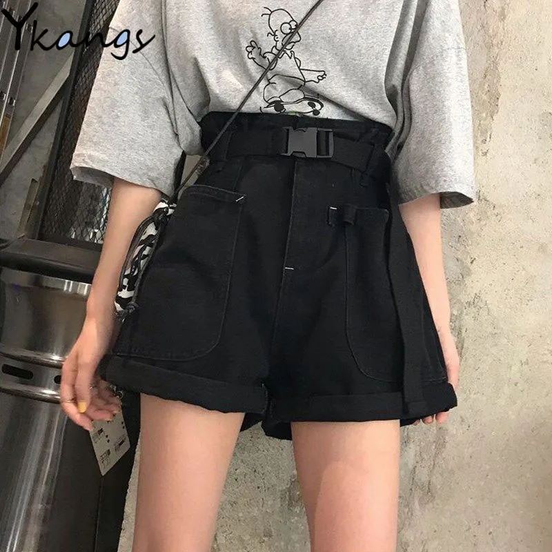 

Шорты женские джинсовые с широкими штанинами и поясом, повседневные Черные винтажные штаны из денима в стиле Харадзюку, с высокой талией, ле...