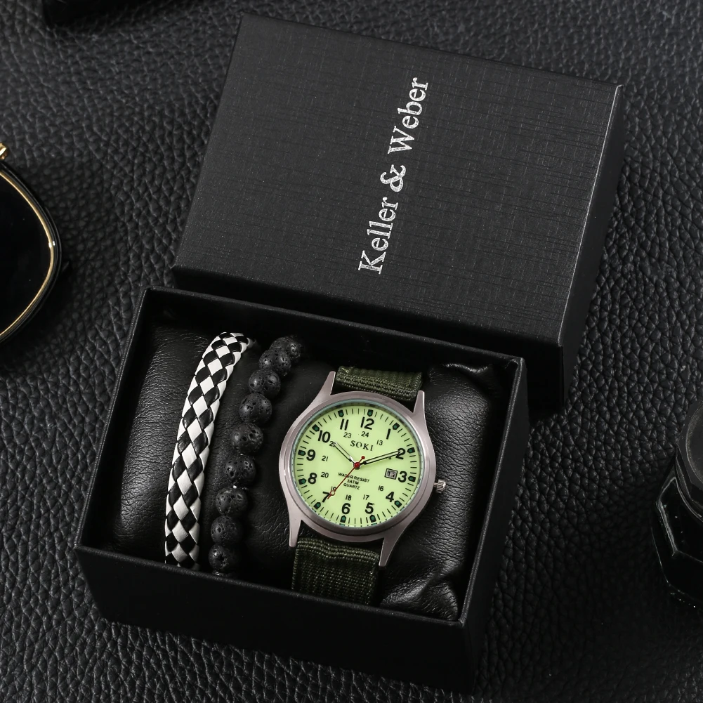 

Fashion Luminous Men Watch Weave Bracelet Gift Set Sports Calendar Date Male Nylon Band Wristwatch Bead Bracelets Suit with Box