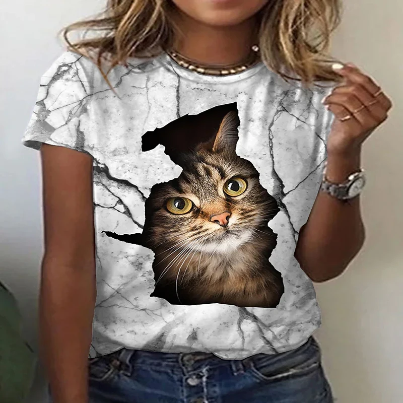 

Women's T-shirt 2021 cute pink top kitty print casual punk o-neck kaki gothic street women's oversized shirt clothing
