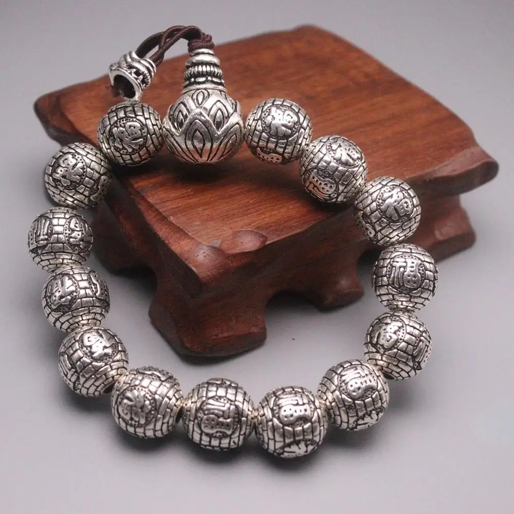 

Real 999 Silver Bracelet For Women Man Lucky Sutra 3D Carved Individuality Big 13.5mm Retro Lotus Beads Lucky Bracelet