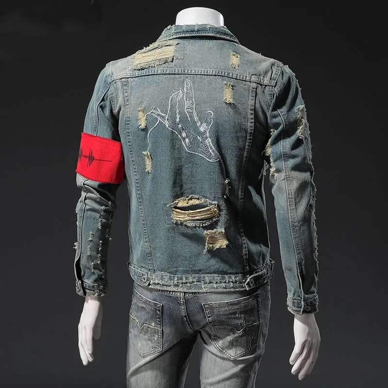 

Men's Denim Jacket 2021 Retro Hole Embroidery patch Jacket Slim Casual Denim Jacket European and American High Stree Style
