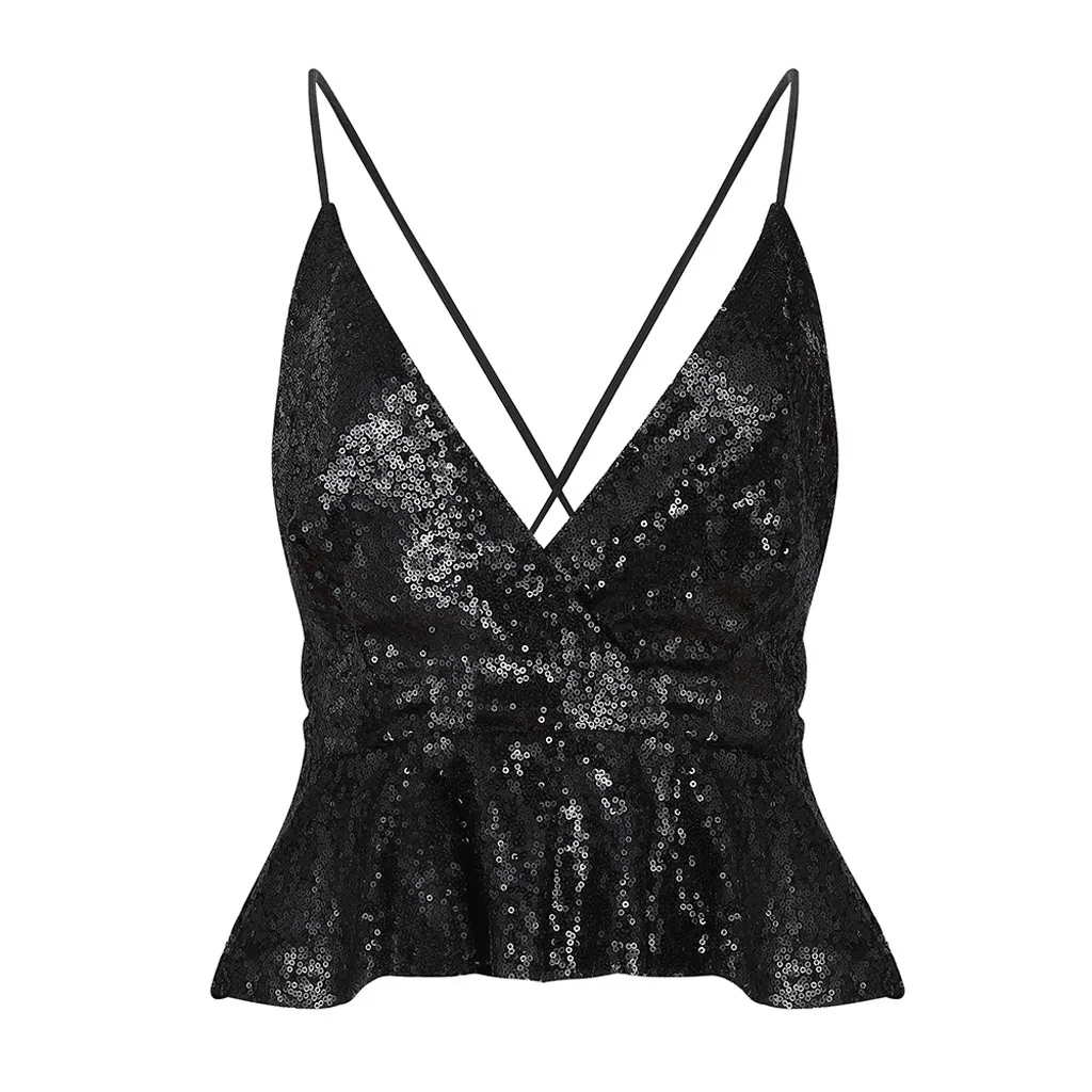 Женский топ с блестками и V образным вырезом без рукавов|Майки| |