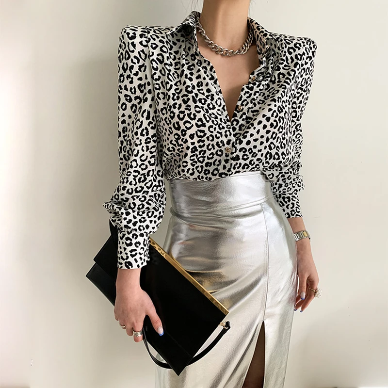 

2021 New Women Spring Sexy Leopard Shirt Single Breasted Blouse Turn-Down Collar Full Sleeve Tops