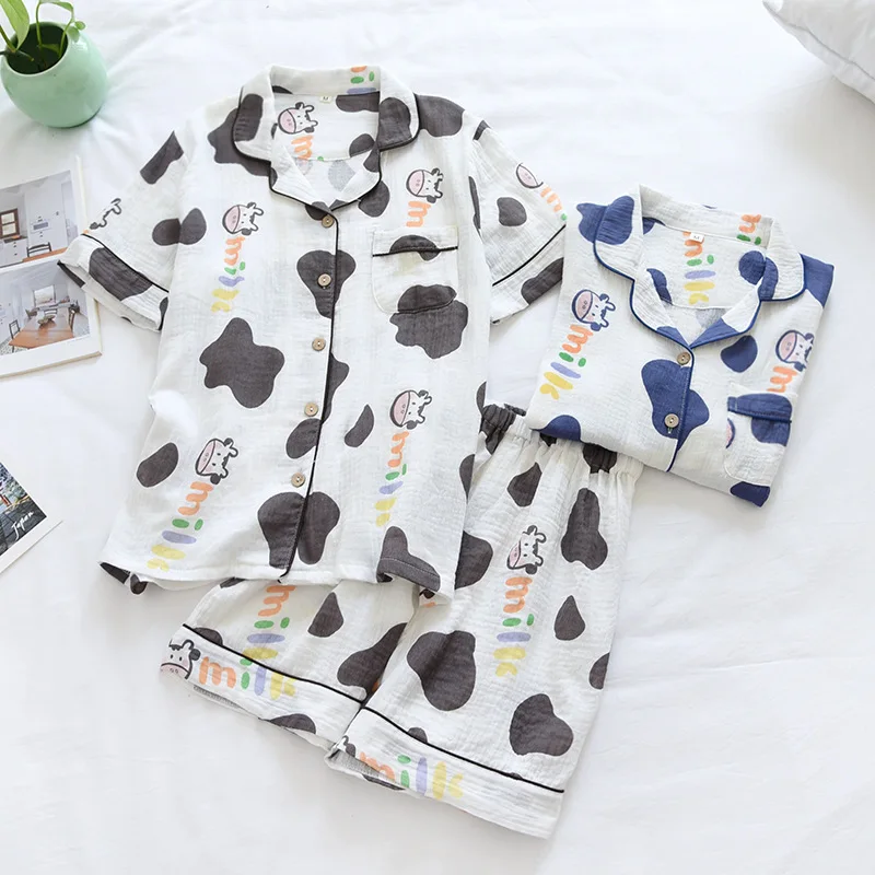 Korean Summer Women Pajamas Pure Cotton Gauze Soft Pajamas Set Cartoon Comfortable Short Sleeve Cardigan Women's Home Wear Thin