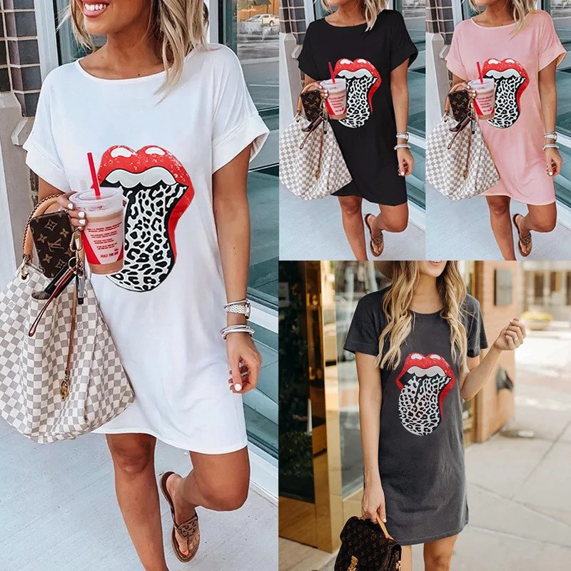 

2021 hot products new women's 2021 casual round neck lip dress dresses for women