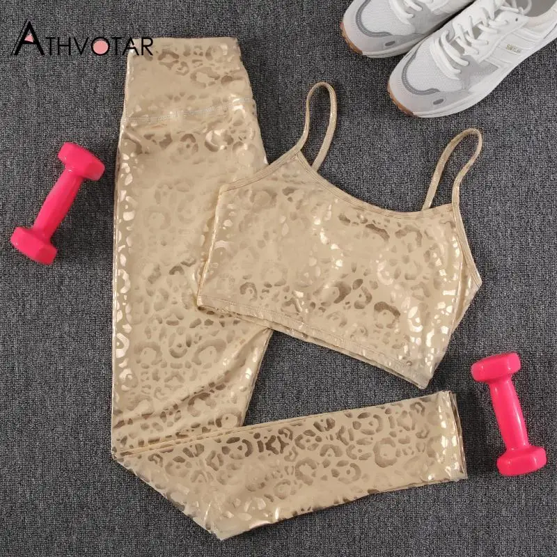 

ATHVOTAR Two Piece Jogger Set Women Leopard Printed Bra Fitness Leggings High Waist Tracksuits Sweat Suits Women
