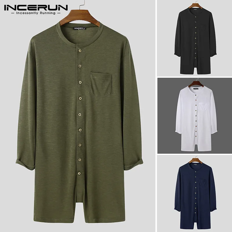 Man Fashion Buttons Shorts Jumpsuit Homewear INCERUN Mens Leisure Pajamas Onesies Long Sleeve O Neck Solid Rompers Sleepwear 5XL