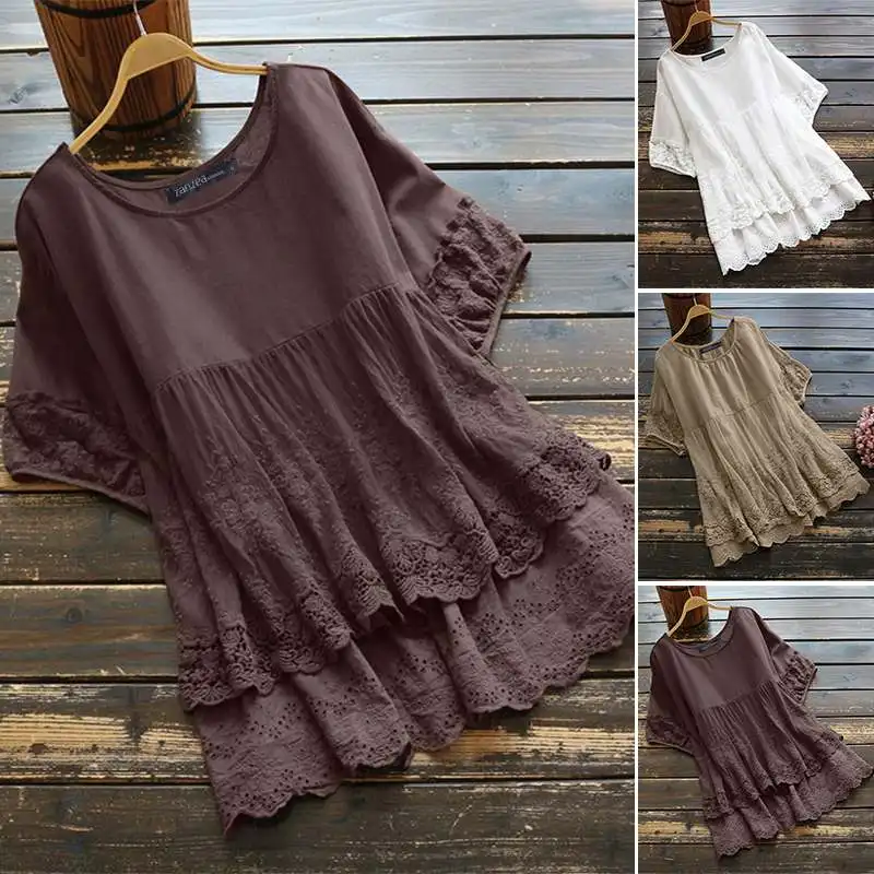 Женская кружевная блузка летняя однотонная с коротким рукавом и вышивкой 2021 |