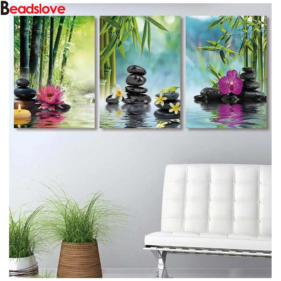 

Алмазная 5d картина «сделай сам», бамбук и камень, цветы в воде, вышивка крестиком, круглая квадратная Алмазная вышивка, украшение для дома