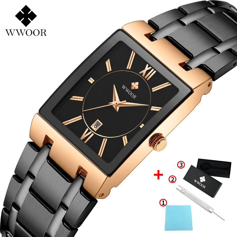Rose Black Роскошные мужские часы Кварцевые аналоговые наручные часы WWOOR 8858 мужские прямоугольные деловые часы из нержавеющей стали Relogio Masculino - Цвет: Rose Black