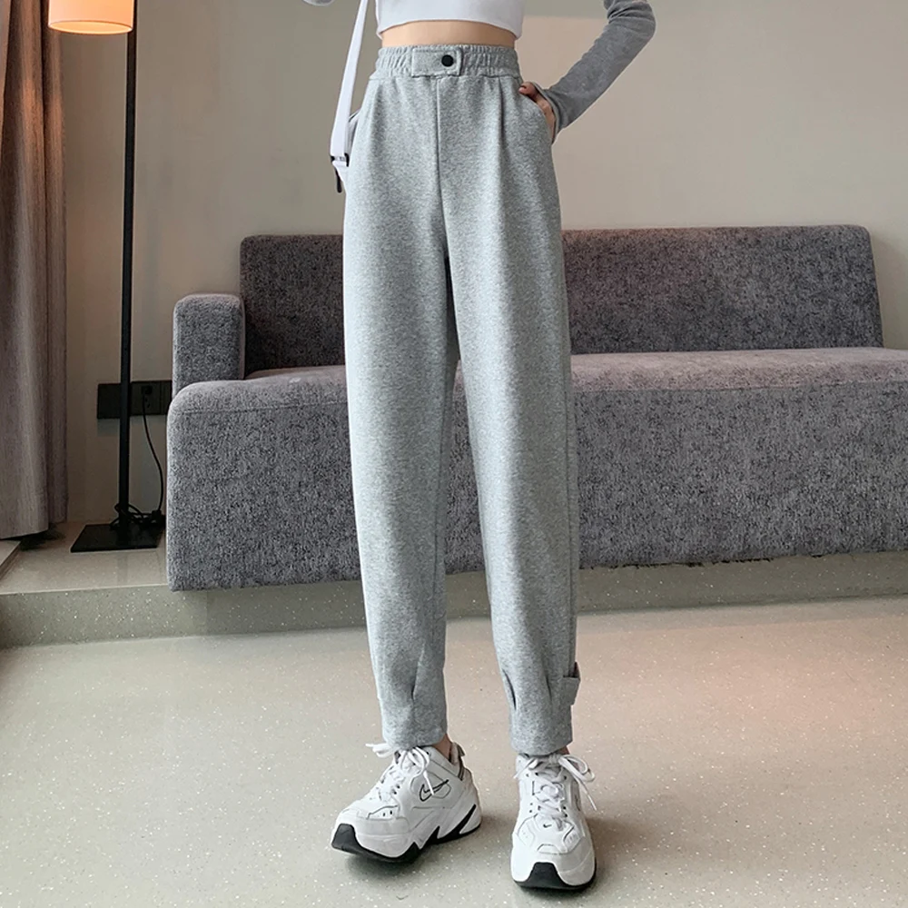 

Classic Black Sports Pants Women Autumn And Winter Thick Ankle-Length Casual Harem Pants Loose High Waist Gray Sweatpants