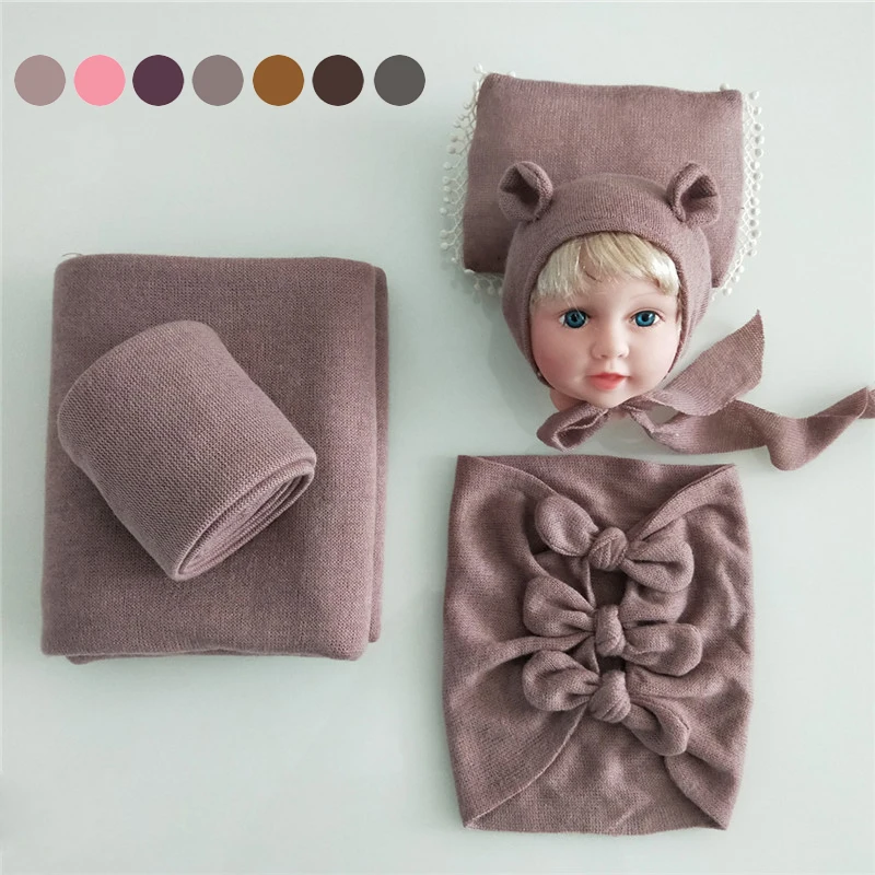 Cute Bowknots Infant Baby Photo Shoot Wrap Swaddle Elastic Wrap Big Size Backdrop Hat Pillow Sets Photo Clothing Outfits