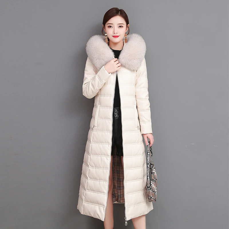 New Women Sheep Leather Down Coat Autumn Winter 2022 Warm Hooded Soft Real Fur Collar Slim Sheepskin White Duck Down Overcoat