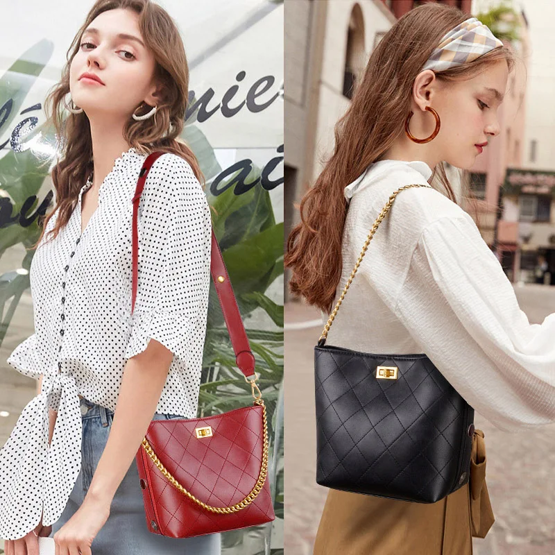

Genuine Leather Bucket Bag Wax Oil Leather Bags Women High Quality Classic Diamond Lattice Bags for Women with Chain Hasp