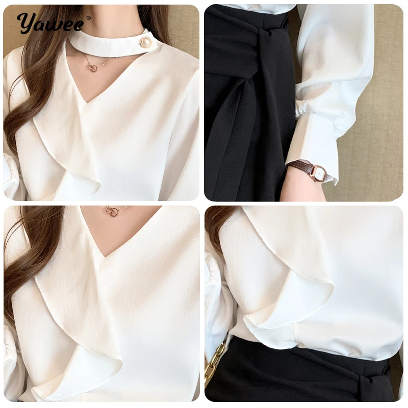 

2020 Autumn New Korean ruffle Loose Long Sleeve V-neck White Shirts Women Office Lady Solid White Blouses Fashion Tops Blusas