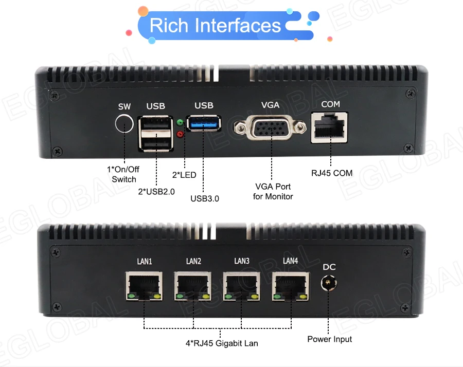 Процессор EGlobal fanless Pfsense, мини-ПК Linux J1900 4 ядра Nano Itx 4* Intel WGI211AT Gigabit RJ45 сетевой брандмауэр маршрутизатор сервер безопасности
