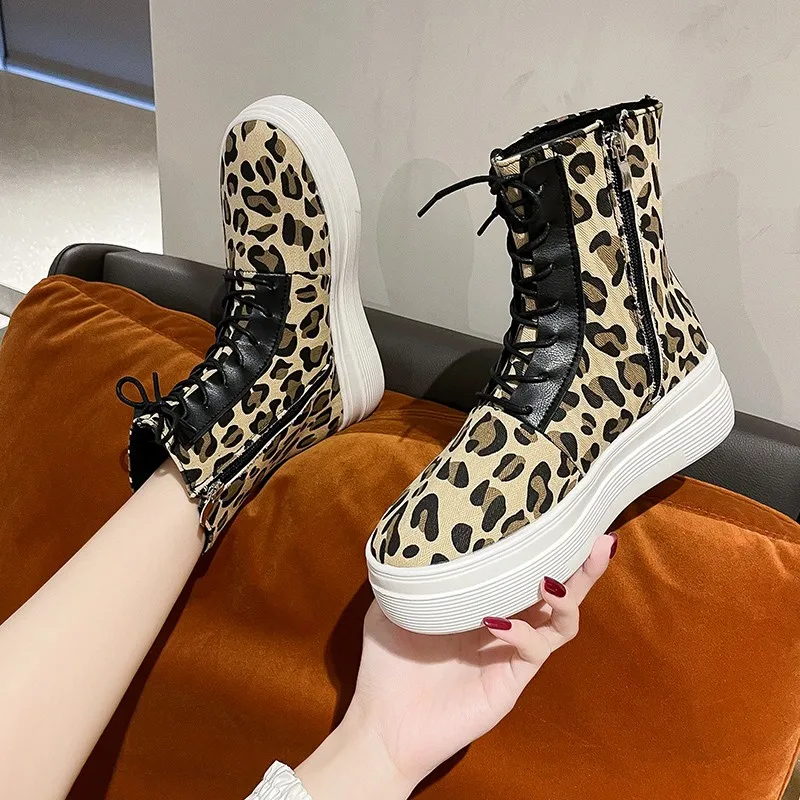 

2021 new ladies fashion leopard print zebra print sneakers ladies high top women's shoes breathable flat shoes with laces PBOSS