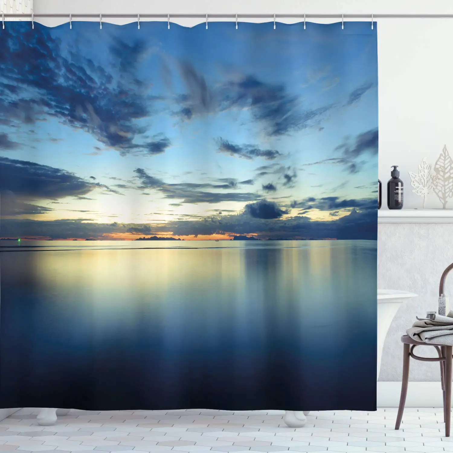 Синяя занавеска для душа фото драматических Закатов пейзажей спокойных