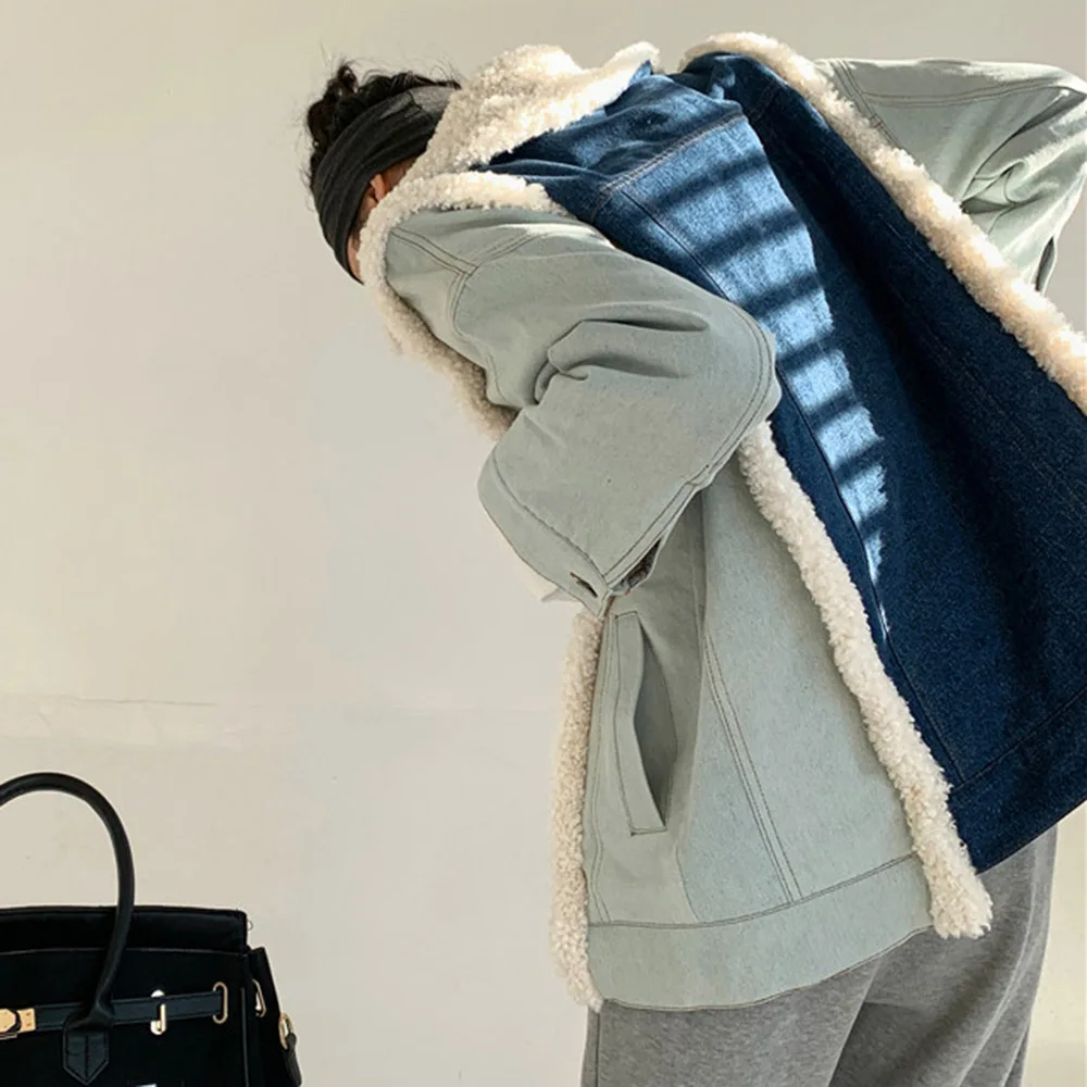 

Korean Version Japanese Jacket Fashion Casual Thicken Keep Warm Splicing Contrast Fake Two Lambswool Coat