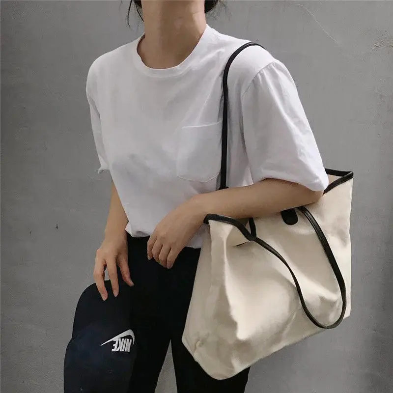 Shopping Bags Women Solid Simple Canvas Shoulder Elegant Retro Large-capacity Reusable Handbags Fashion Ulzzang Leisure Ins | Багаж и