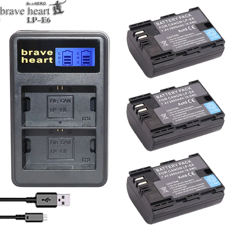 charger and 3battery Lpe6n LP E6 E6N LPE6 LP-E6 батарея+ ЖК двойное зарядное устройство для камеры Canon EOS 5DS R 5D Mark II 5D Mark III 6D 7D 80D EOS 5DS R - Цвет: charger and 3battery