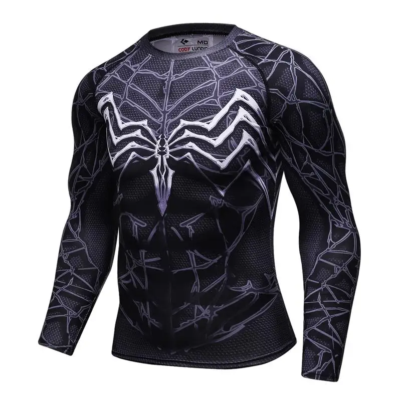 Черная Мужская компрессионная Футболка Venom Человек-паук футболки с длинными рукавами для фитнеса ММА Бодибилдинг спортивная одежда топы