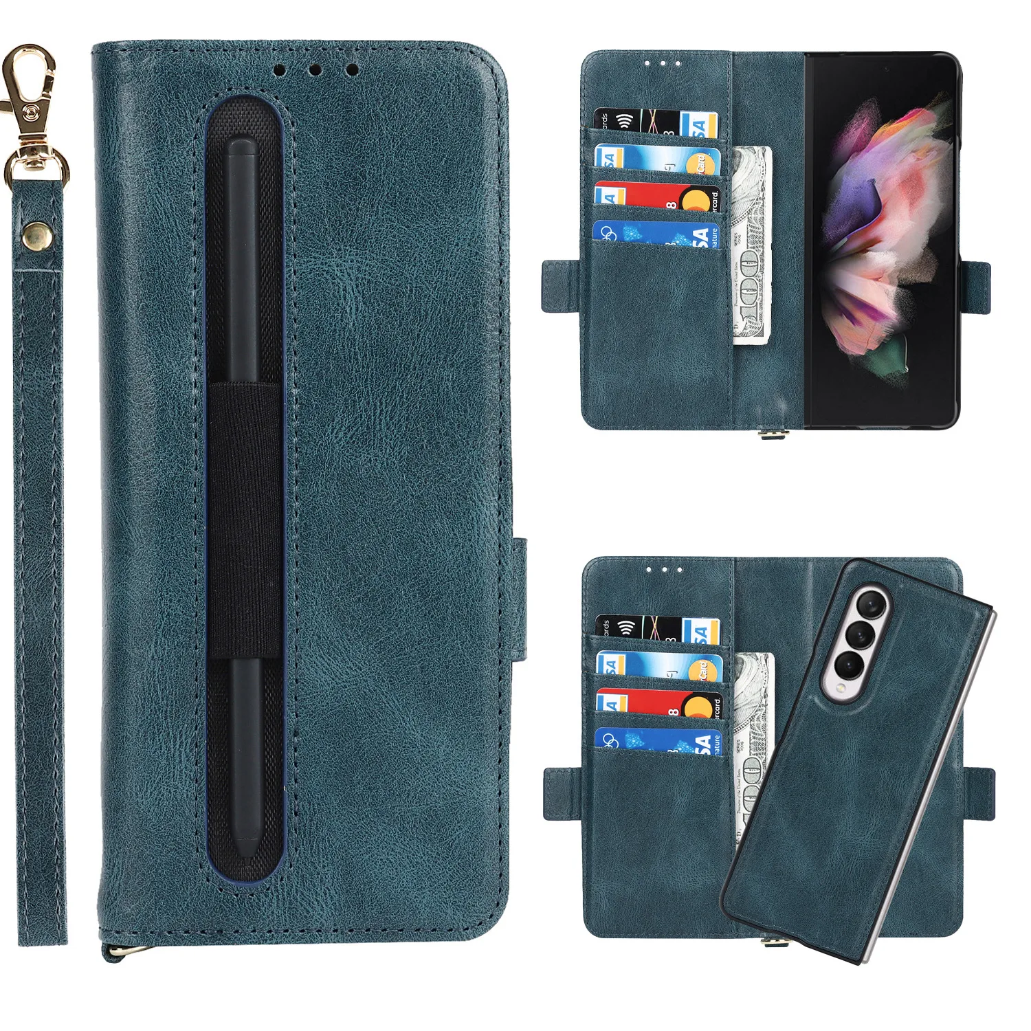 

With S Pen Slot With Card Slot For Samsung Galaxy Z Fold 3 Case Crazy Horse Pattern Bracket All-Inclusive Pencil Case