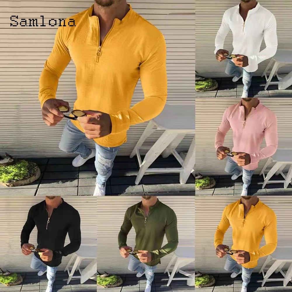 Samlona Men Fashion Tops Zipper Blouses 2020 Autumn Long Sleeve men clothes Casual Shirt Solid Color blusas shirt Man Pullovers