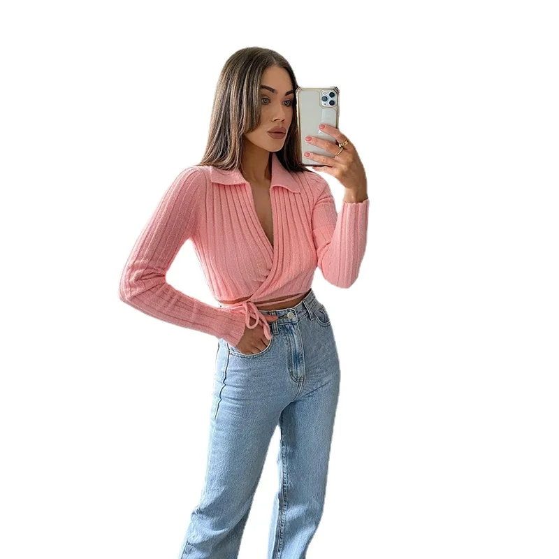 

Fesson Women'S Coat Autumn 2021 Sweater Double-Breasted Lapel Cross Jumper Short V-Neck Slim High-Waist Lace-Up Pull Cardigan