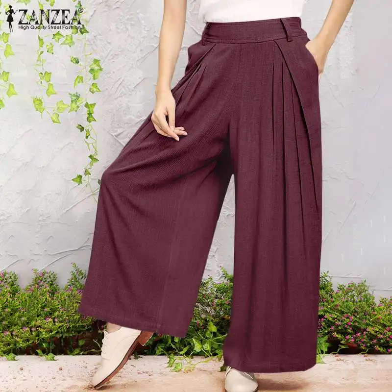 

Женские брюки с широкими штанинами ZANZEA 2021, модные плиссированные брюки, однотонные длинные брюки, женские повседневные брюки палаццо с высо...