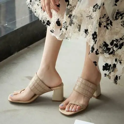 

Womens New Fashion Summer Peep Toe Grain Slippers Mid Heels Shoes H88