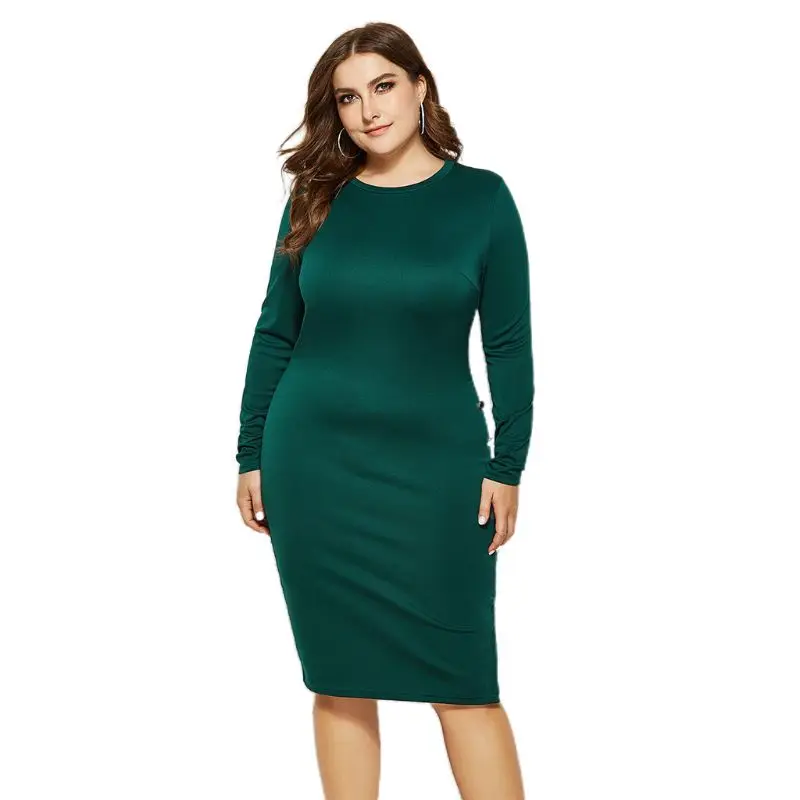 

Women Plus Size Long Sleeve O-Neck Bodycon Midi Dress Solid Color Sexy Side Split Buttons Package Hip Party Clubwear 5XL H05D