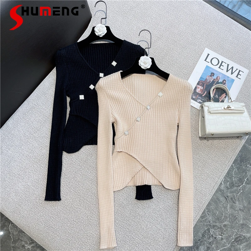 

2021 Fall and Winter New Female Elegant Rhinestone Knitted T-shirt Women's Fashion Irregular Sexy Top V-neck Skinny Pullover Tee