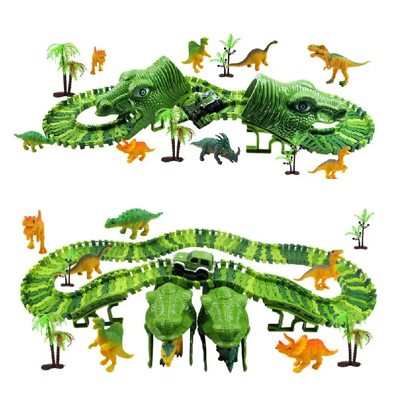 

153Pcs New Cool Dinosaur Race Track Road Railway Magical Racing Track Set Toy Bend Flexible Diecast Vehicle Toys for children