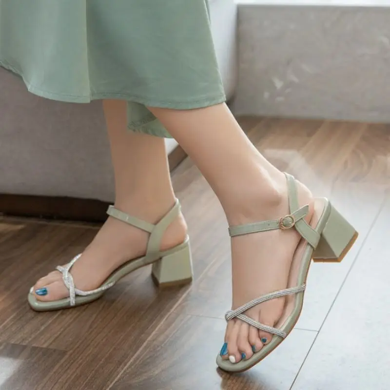 

RIZABINA Sandals For Women Open Toe Thick Heel Rhinestone Buckle Strap Summer Shoes Narrow Band Shoes Female Footwear Size 31-43