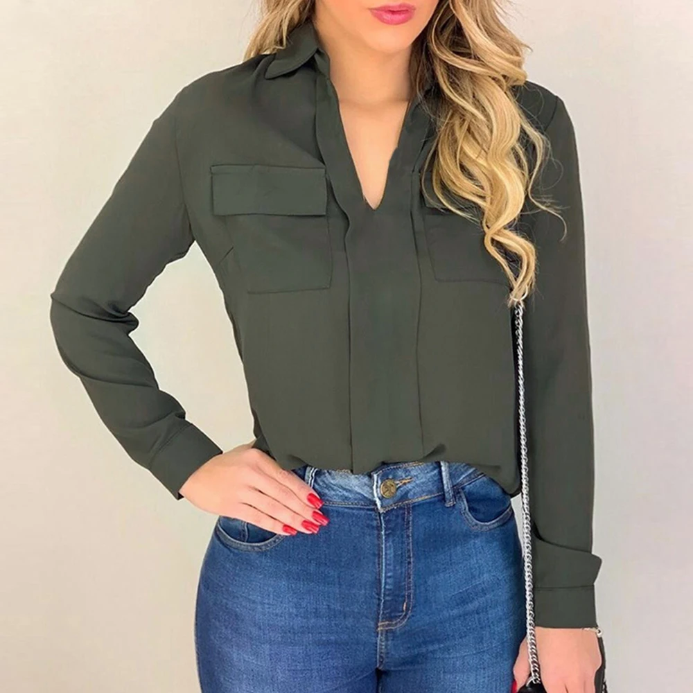 Army Green-2 Wenyujh женские блузки модная розовая рубашка с длинным рукавом и v-образным вырезом шифоновая офисная блузка облегающие повседневные топы размера плюс S-5XL - Цвет: Army Green-2