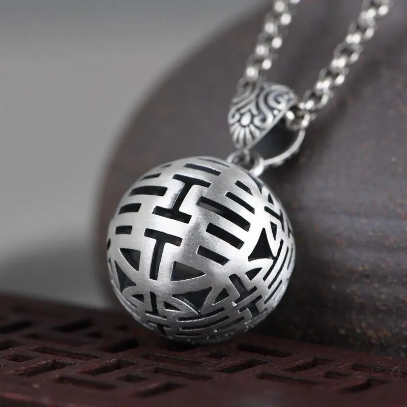 

Original design double happiness retro bead pendant necklace Chinese style retro unique craft charm women's silver jewelry