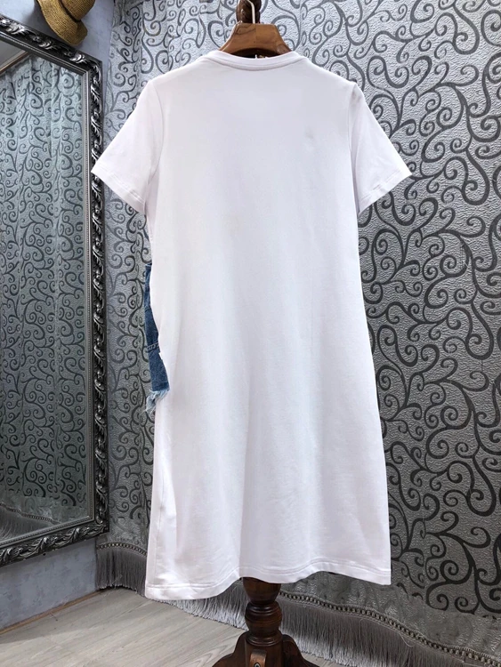 

2021 early spring new women's denim color matching stitching decoration short-sleeved fake two-piece dress 228
