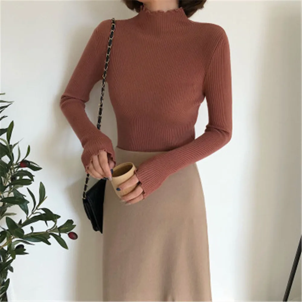 Женский свитер с высоким воротником эластичный Однотонный на осень и зиму