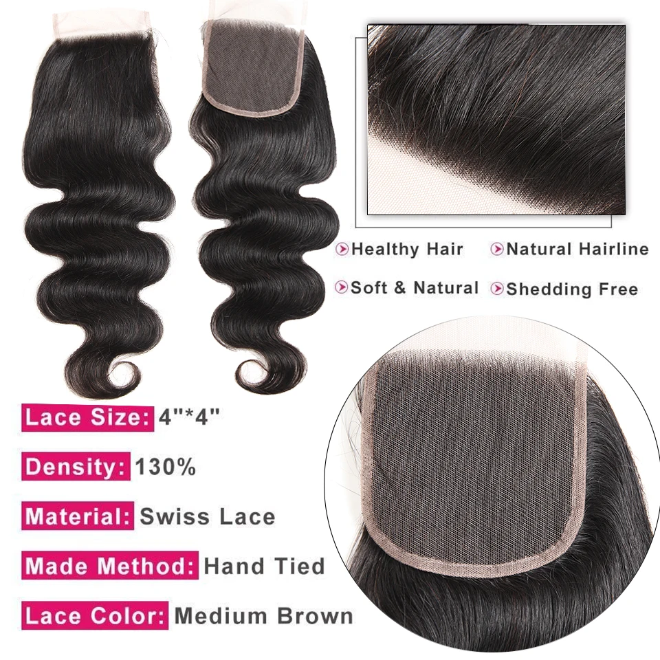 Волнистые пряди с закрытием бразильские волосы 3 из натуральных волос 30 дюймов|3/4