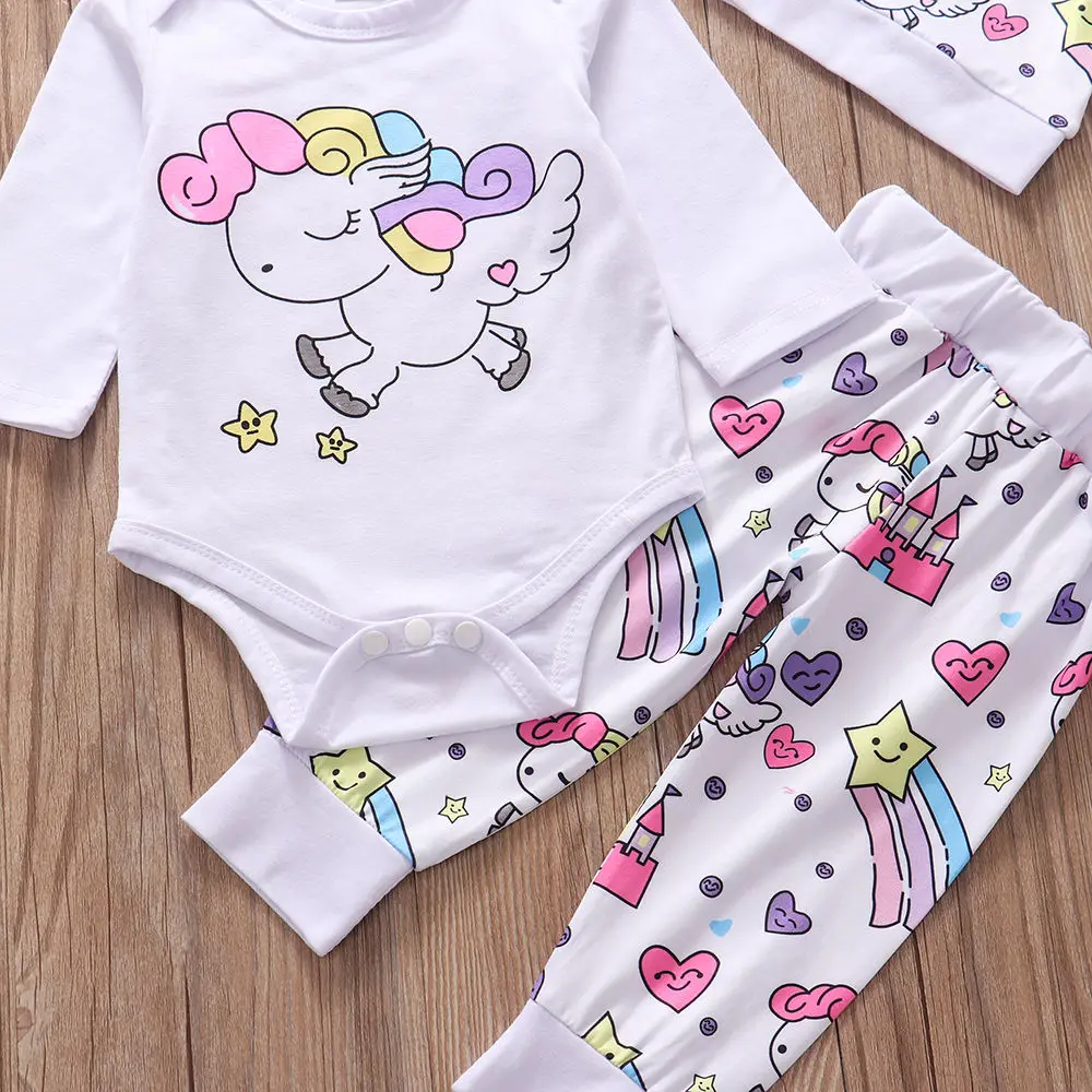 4Pcs Newborn Infant Baby Girls Clothes Set Long Sleeve Cotton Romper+Pegasus Star Castle Pants+Headband+Hat Toddler Clothing