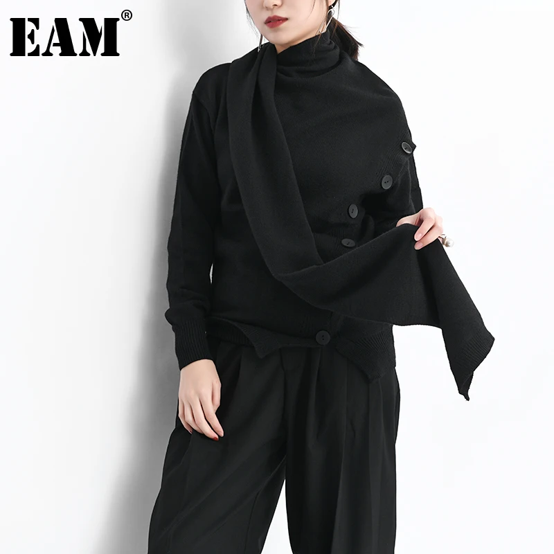 

[EAM] Asymmetrical Black Knitting Cardigan Sweater Loose Scarf Collar Long Sleeve Women New Fashion Autumn Winter 2022 1DD310301