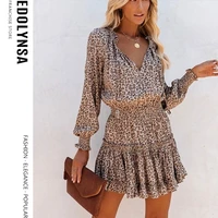 sexy leopard print ruffle dress collect waist summer dress women leopard print dress v neck bishop sleeve mini dress a455