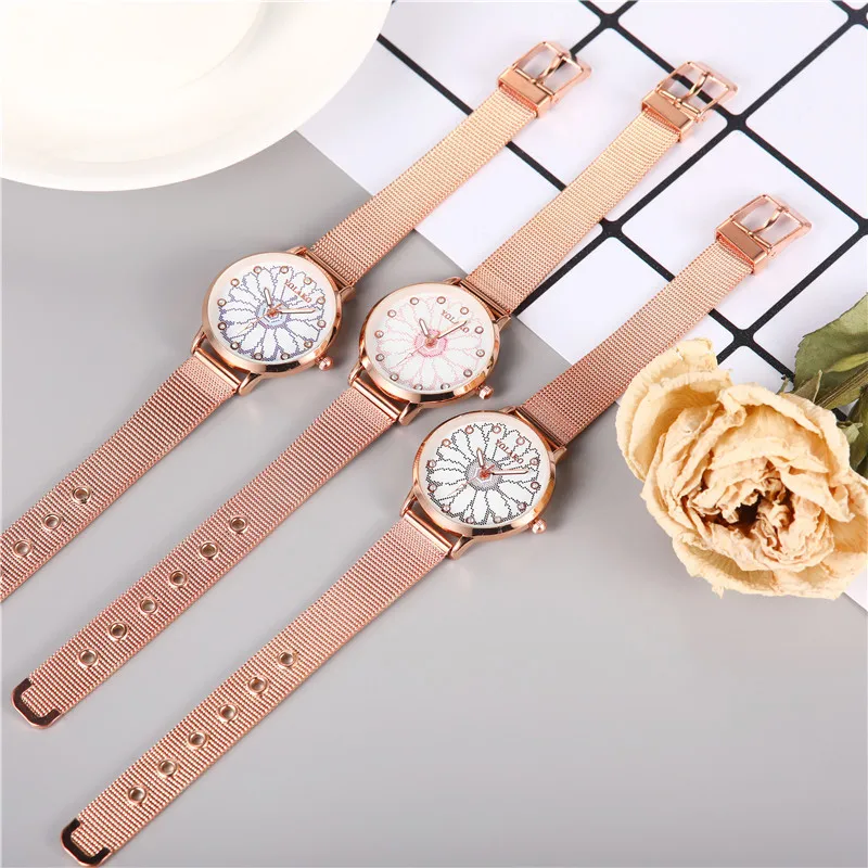 Женские роскошные часы из розового золота модные креативные с цветочным узором и