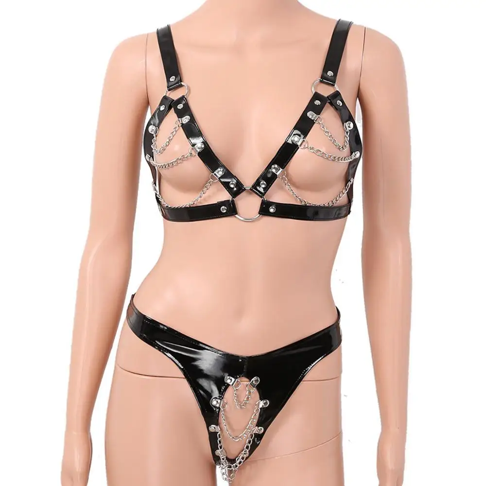 Женский кожаный бюстгальтер без чашек топы металлическая цепочка кисточки