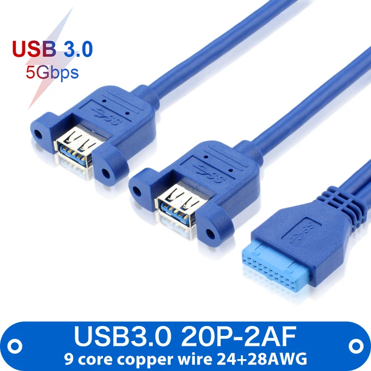 

PC Computer Case Internal Mainboard 20Pin Female to 2-Port USB 3.0 Type A Female Screw Lock Panel Mount Cable Blue 50CM